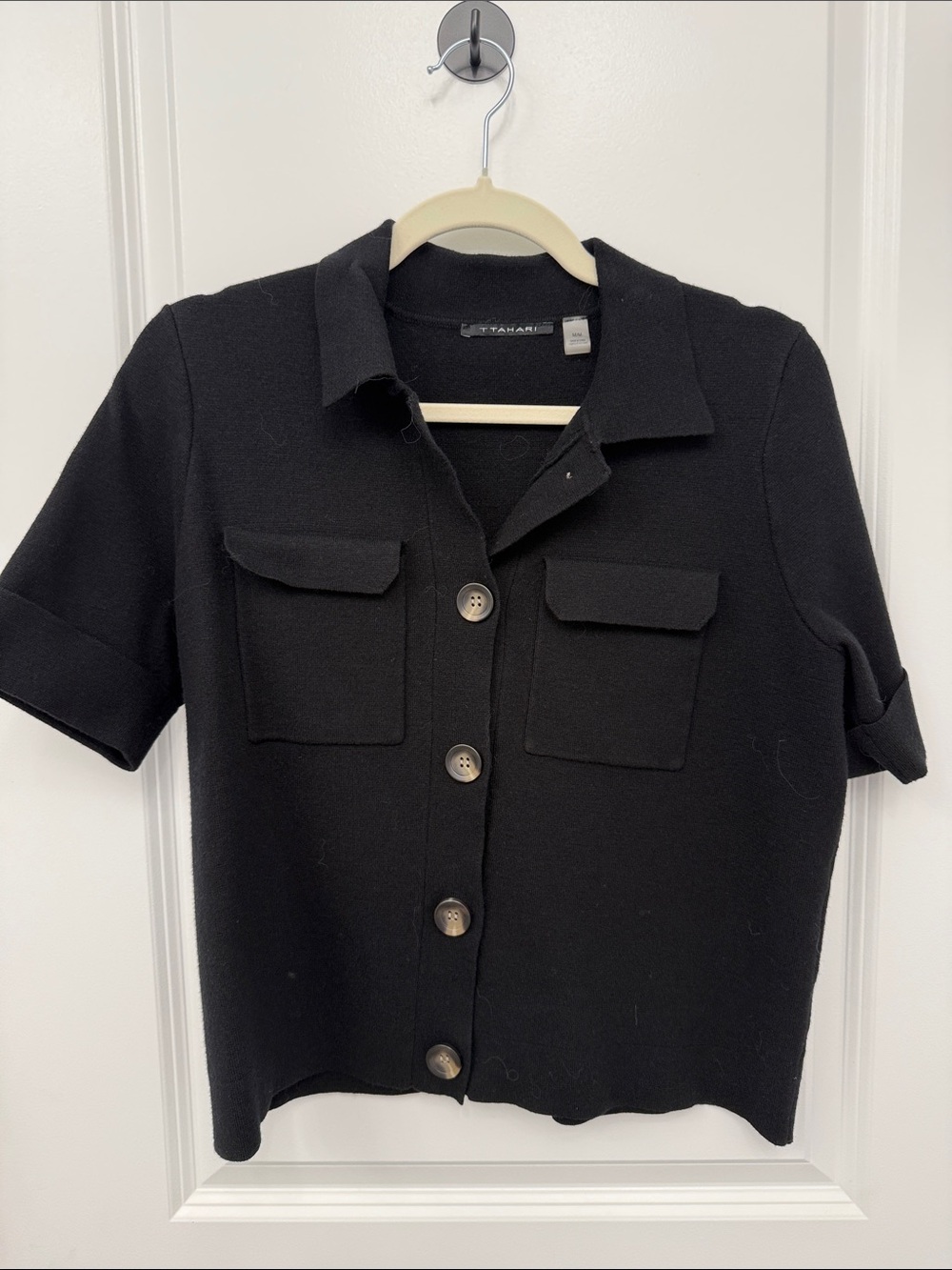 T Tahari Black Short-Sleeve Button Front Sweater with Patch Pockets